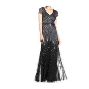 Adrianna Papell Beaded Gunmetal V-Neck Gown